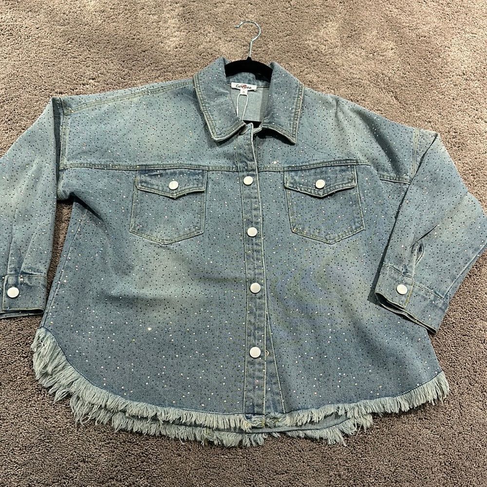 Sparkle denim jacket/Shacket! Frayed bottom! Tons of sparkle all over. Size S